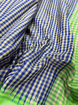 Pure Raw Silk Saree with Checks in Beige, Royal Blue and Parrot Green Color with Temple Border | Handwoven Saree | SILK MARK CERTIFIED - Kaash