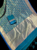 Teal Green Dual Shade Banarasi saree in pure banarasi silk with elephant & peacock motifs in dual shade — Kaash Collection