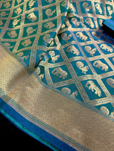 Pure Teal Color Color Saree in Dual Shade | Muted Gold Zari Weaving | Elephant and Peacock Motifs Saree - Kaash