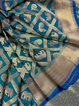 Pure Teal Color Color Saree in Dual Shade | Muted Gold Zari Weaving | Elephant and Peacock Motifs Saree - Kaash
