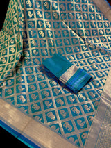 Pure Teal Color Color Saree in Dual Shade | Muted Gold Zari Weaving | Elephant and Peacock Motifs Saree - Kaash