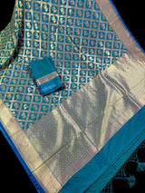 Pure Teal Color Color Saree in Dual Shade | Muted Gold Zari Weaving | Elephant and Peacock Motifs Saree - Kaash