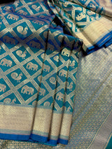 Pure Teal Color Color Saree in Dual Shade | Muted Gold Zari Weaving | Elephant and Peacock Motifs Saree - Kaash