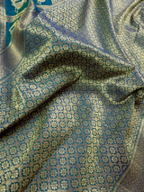 Pure Teal Color Color Saree in Dual Shade | Muted Gold Zari Weaving | Elephant and Peacock Motifs Saree - Kaash