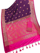 Purple & Pink Banarasi saree in pure banarasi semi katan silk with copper zari weave with floral pattern — Kaash Collection