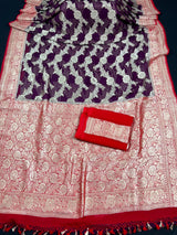 Silk Mark Certified Purple & Red Pure Khaddi Georgette saree in pure khaddi georgette silk with zari weaving with pink pallu & border — Kaash Collection