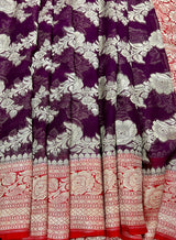 Silk Mark Certified Purple & Red Pure Khaddi Georgette saree in pure khaddi georgette silk with zari weaving with pink pallu & border — Kaash Collection
