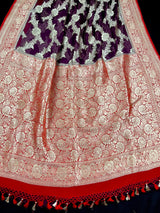 Silk Mark Certified Purple & Red Pure Khaddi Georgette saree in pure khaddi georgette silk with zari weaving with pink pallu & border — Kaash Collection