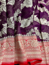 Silk Mark Certified Purple & Red Pure Khaddi Georgette saree in pure khaddi georgette silk with zari weaving with pink pallu & border — Kaash Collection