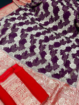 Silk Mark Certified Purple & Red Pure Khaddi Georgette saree in pure khaddi georgette silk with zari weaving with pink pallu & border — Kaash Collection