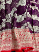 Purple and Red Banarasi Pure Khaadi Georgette Silk Saree | Floral Jaal Saree in Muted Gold Zari | SILK MARK CERTIFIED - Kaash