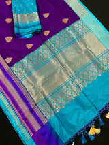 Purple and Sky Blue Color Pure Katan Silk Saree with Cooper Zari Weave | Pure Silk Sarees | Muted Copper Zari Sarees | SILK MARK CERTIFIED - Kaash