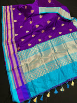 Purple and Sky Blue Color Pure Katan Silk Saree with Cooper Zari Weave | Pure Silk Sarees | Muted Copper Zari Sarees | SILK MARK CERTIFIED - Kaash
