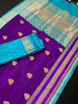 Purple and Sky Blue Color Pure Katan Silk Saree with Cooper Zari Weave | Pure Silk Sarees | Muted Copper Zari Sarees | SILK MARK CERTIFIED - Kaash