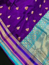 Purple and Sky Blue Color Pure Katan Silk Saree with Cooper Zari Weave | Pure Silk Sarees | Muted Copper Zari Sarees | SILK MARK CERTIFIED - Kaash
