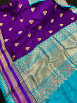 Purple and Sky Blue Color Pure Katan Silk Saree with Cooper Zari Weave | Pure Silk Sarees | Muted Copper Zari Sarees | SILK MARK CERTIFIED - Kaash