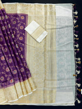 Silk Mark Certified Purple & Ivory Pure Banarasi Tussar saree in pure banarasi tussar silk with copper & muted gold zari jaal with meenakari — Kaash Collection
