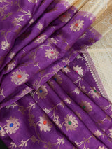 Silk Mark Certified Purple & Ivory Pure Banarasi Tussar saree in pure banarasi tussar silk with copper & muted gold zari jaal with meenakari — Kaash Collection