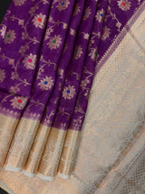 Silk Mark Certified Purple & Ivory Pure Banarasi Tussar saree in pure banarasi tussar silk with copper & muted gold zari jaal with meenakari — Kaash Collection