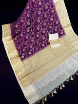 Silk Mark Certified Purple & Ivory Pure Banarasi Tussar saree in pure banarasi tussar silk with copper & muted gold zari jaal with meenakari — Kaash Collection