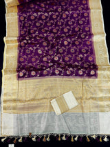Silk Mark Certified Purple & Ivory Pure Banarasi Tussar saree in pure banarasi tussar silk with copper & muted gold zari jaal with meenakari — Kaash Collection
