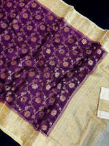 Silk Mark Certified Purple & Ivory Pure Banarasi Tussar saree in pure banarasi tussar silk with copper & muted gold zari jaal with meenakari — Kaash Collection