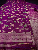 Purple Color Banarasi Semi Georgette Dupion Soft Silk with Floral Meenakari Work - Kaash