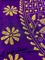 Purple with Yellow Kantha hand Kantha stitch saree on Bangalori silk — Kaash Collection