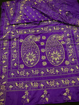 Purple with Yellow Kantha hand Kantha stitch saree on Bangalori silk — Kaash Collection