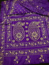 Purple Color Kantha Stitch Saree - Bangalori Silk Saree - Handwoven Kantha Stitch Sarees - Kantha Stitch Silk Saree - Kaash