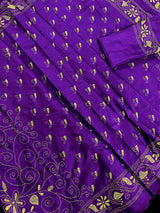 Purple Color Kantha Stitch Saree - Bangalori Silk Saree - Handwoven Kantha Stitch Sarees - Kantha Stitch Silk Saree - Kaash