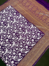 Purple Parsi Gara Crepe Silk saree in pure crepe silk with parsi gara embroidery with banarasi border in antique zari — Kaash Collection