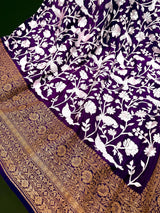 Purple Parsi Gara Crepe Silk saree in pure crepe silk with parsi gara embroidery with banarasi border in antique zari — Kaash Collection