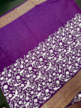 Purple Parsi Gara Crepe Silk saree in pure crepe silk with parsi gara embroidery with banarasi border in antique zari — Kaash Collection