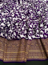 Purple Parsi Gara Crepe Silk saree in pure crepe silk with parsi gara embroidery with banarasi border in antique zari — Kaash Collection