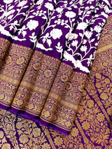 Purple Parsi Gara Crepe Silk saree in pure crepe silk with parsi gara embroidery with banarasi border in antique zari — Kaash Collection