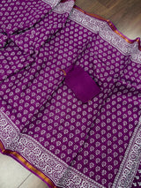 Purple Hand-Block Pure Cotton saree in pure cotton with hand-block prints with zari borders — Kaash Collection
