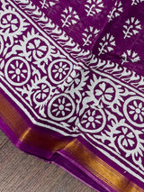 Purple Hand-Block Pure Cotton saree in pure cotton with hand-block prints with zari borders — Kaash Collection