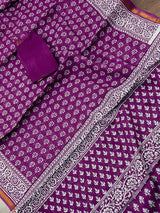 Purple Hand-Block Pure Cotton saree in pure cotton with hand-block prints with zari borders — Kaash Collection