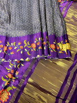 Greyish Purple Pure Gajji Silk Bandhani saree in pure gajji silk with bandhani with pichwai prints & tissue pallu — Kaash Collection