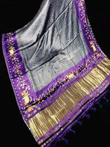 Greyish Purple Pure Gajji Silk Bandhani saree in pure gajji silk with bandhani with pichwai prints & tissue pallu — Kaash Collection