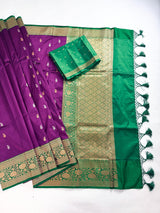 Silk Mark Certified Purple with Green Border saree in pure katan silk with contrasting green border & pallu — Kaash Collection