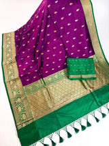 Silk Mark Certified Purple with Green Border saree in pure katan silk with contrasting green border & pallu — Kaash Collection