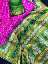 Purple-Pinkish Art Silk with Mehandi Green Border saree in soft art silk with digital prints with mehandi & gold border — Kaash Collection