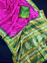 Purple-Pinkish Art Silk with Mehandi Green Border saree in soft art silk with digital prints with mehandi & gold border — Kaash Collection