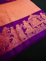Purple pure kanjivaram silk saree with copper zari with baraat scene border — Kaash Collection