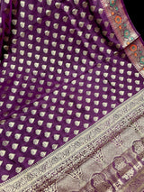 Purple Eggplant Banarasi saree in soft silk with paithani-style borders with muted gold buttis — Kaash Collection