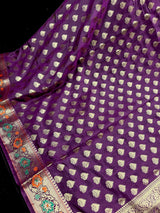Purple Eggplant Banarasi saree in soft silk with paithani-style borders with muted gold buttis — Kaash Collection