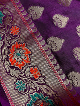 Purple Eggplant Banarasi saree in soft silk with paithani-style borders with muted gold buttis — Kaash Collection