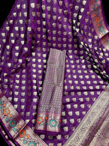 Purple Eggplant Banarasi saree in soft silk with paithani-style borders with muted gold buttis — Kaash Collection
